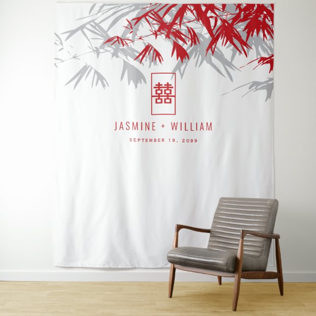 Grey & Red Bamboo Leaves Chinese Wedding Backdrop Tapestry (In Situ)