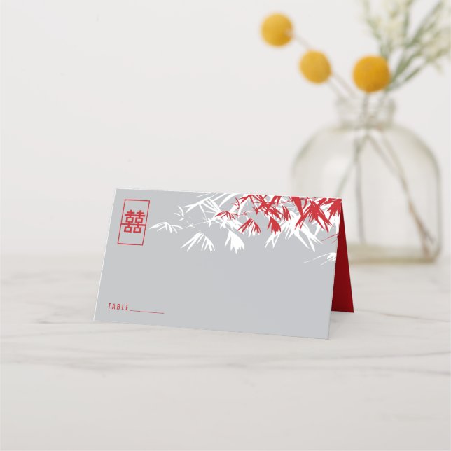 Grey & Red Bamboo Leaves Double Xi Chinese Wedding Place Card (Front)