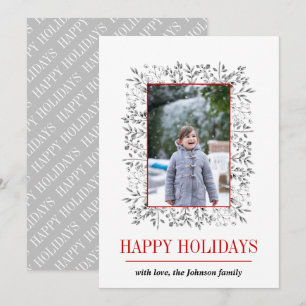 Grey red Berry leaf Happy Holidays Christmas photo Holiday Card