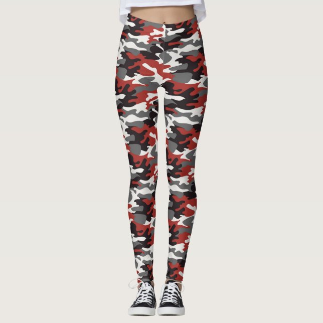 Grey, Red, Black & White Camouflage Leggings (Front)