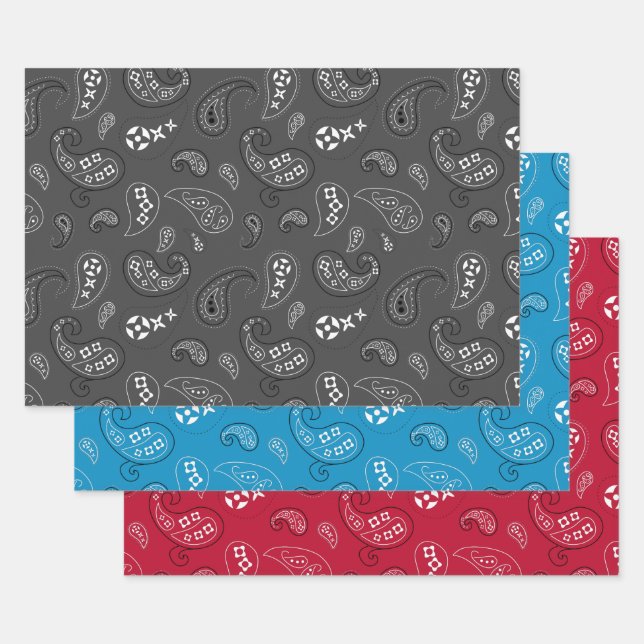 Grey Red Blue Paisley Bandanna Assortment Wrapping Paper Sheet (Set)