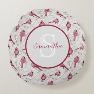 Grey Red Cardinal Birds Personalised Monogram Round Cushion