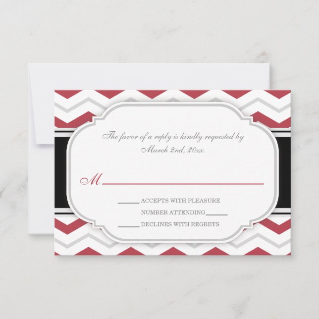 Grey & Red Chevron Wedding Reception RSVP Cards (Front)