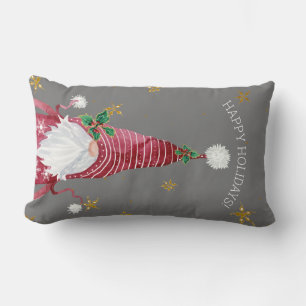 Grey Red Christmas Gnome Watercolor Holly Star Lumbar Cushion