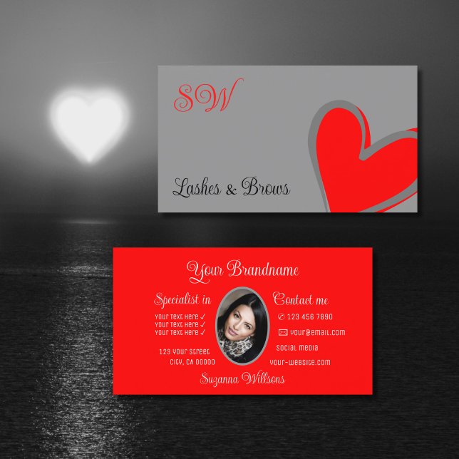 Grey Red Cute Heart Chic with Monogram and Photo Business Card (Creator Uploaded)