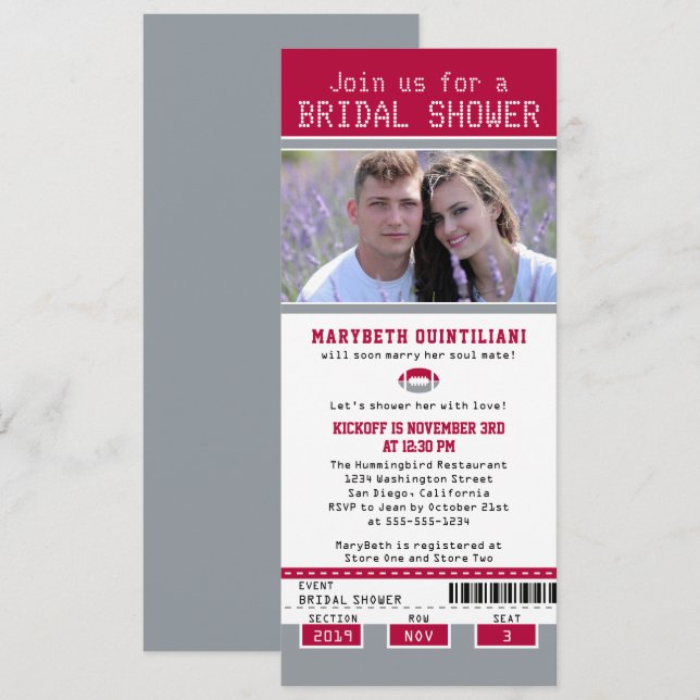 Grey Red Football Ticket Bridal Shower Invitation (Front/Back)