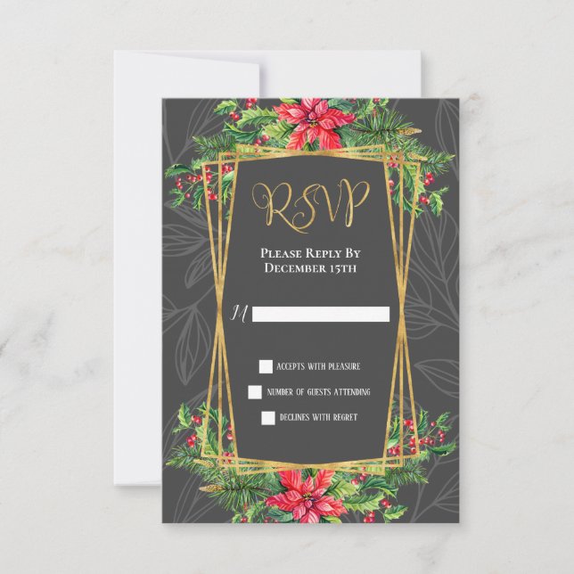 Grey Red Gold Poinsettias Christmas RSVP Card (Front)