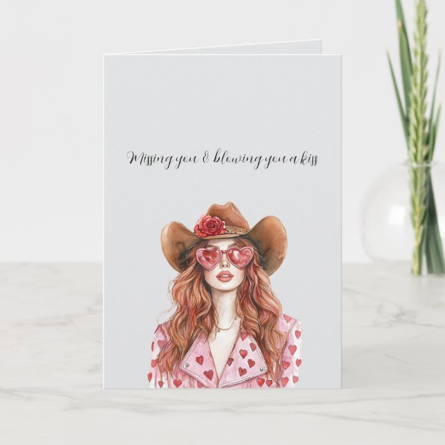 Grey Red Head Lady Cowgirl Blowing You A Kiss Card (Front)