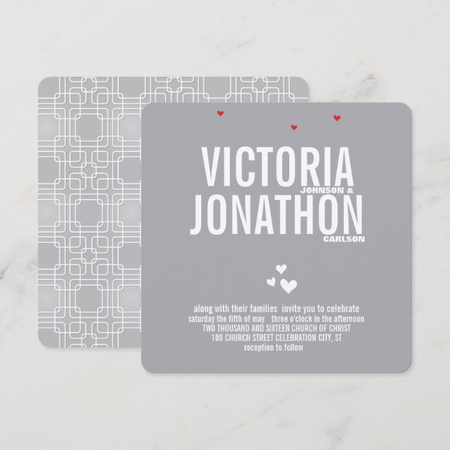 Grey Red Heart Modern Typography Wedding Invitation (Front/Back)