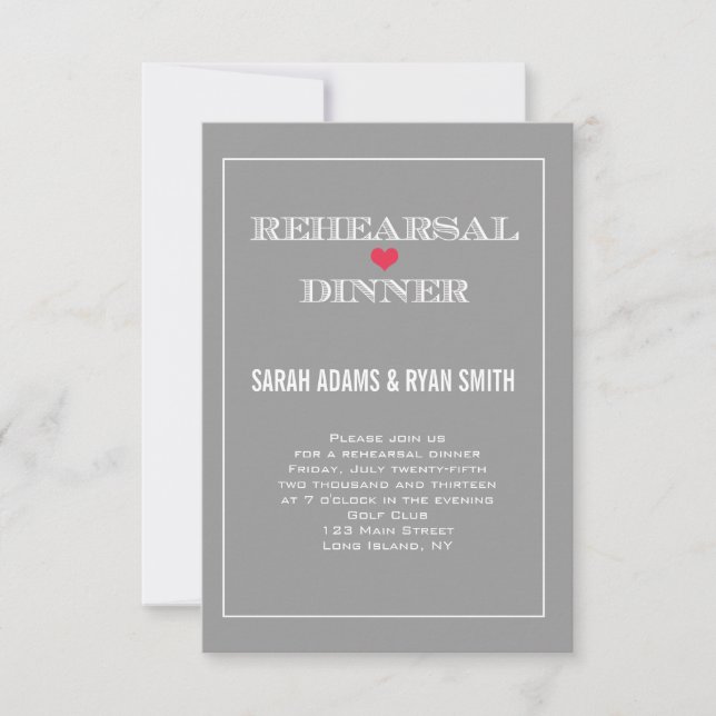 Grey Red Heart Wedding Rehearsal Dinner Invites (Front)