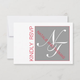 GREY RED INITIALS INTERTWINED WEDDING RSVP CARD