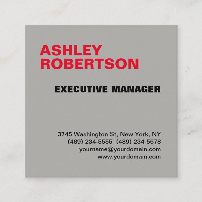 Grey Red Modern Professional Minimalist Elegant Square Business Card (Front)