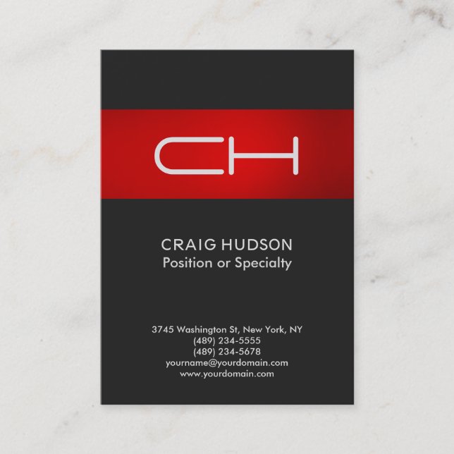 Grey Red Monogram Professional Business Card (Front)