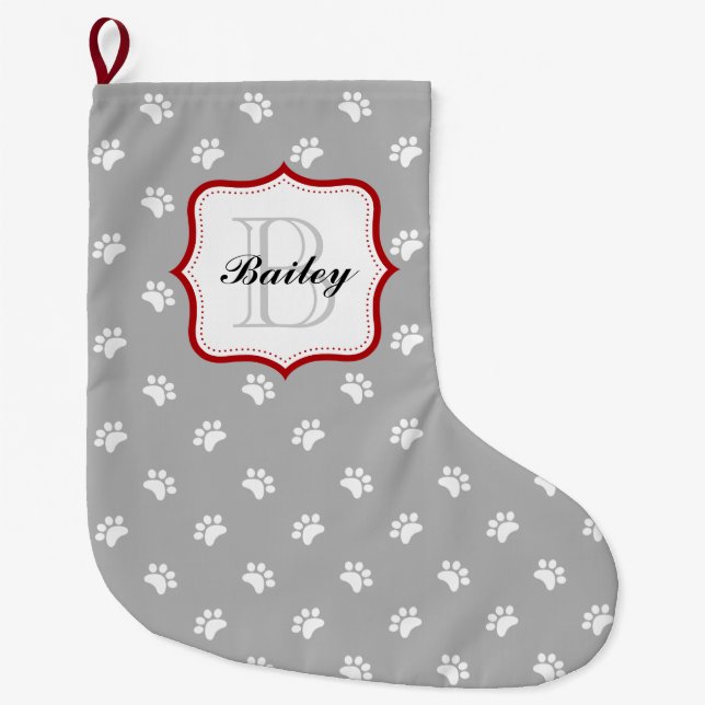 Grey Red Personalised Pet Name Christmas Large Christmas Stocking (Front)