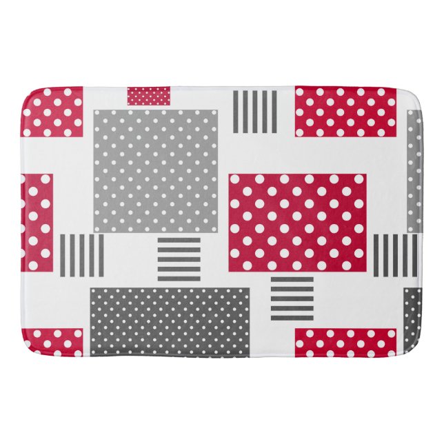 Grey red polka dot patchwork on white background bath mat (Front)