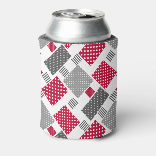 Grey red polka dot patchwork on white background can cooler (Can Back)