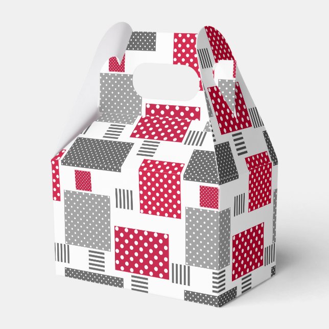 Grey red polka dot patchwork on white background favour box (Front Side)