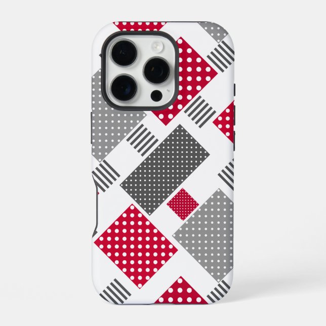 Grey red polka dot patchwork on white background iPhone case (Back)
