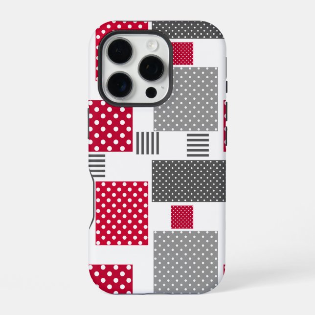 Grey red polka dot patchwork on white background iPhone case (Back)