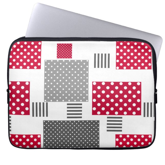 Grey red polka dot patchwork on white background laptop sleeve (Front)