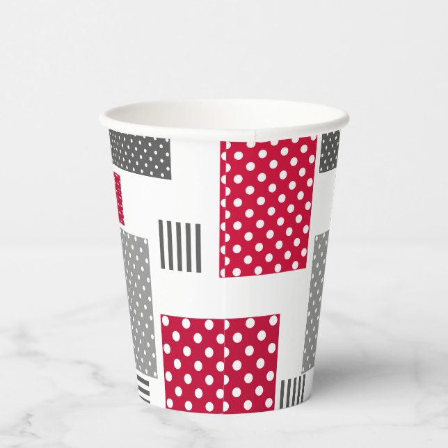 Grey red polka dot patchwork on white background paper cups (Right)