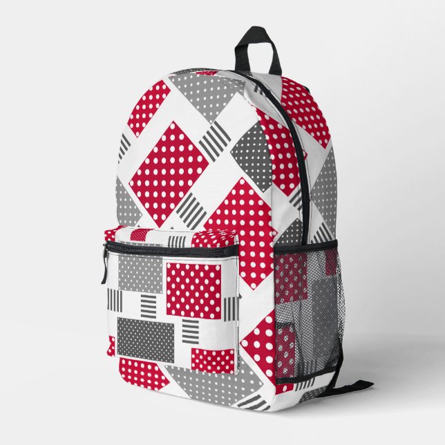 Grey red polka dot patchwork on white background printed backpack (Back Corner Right)