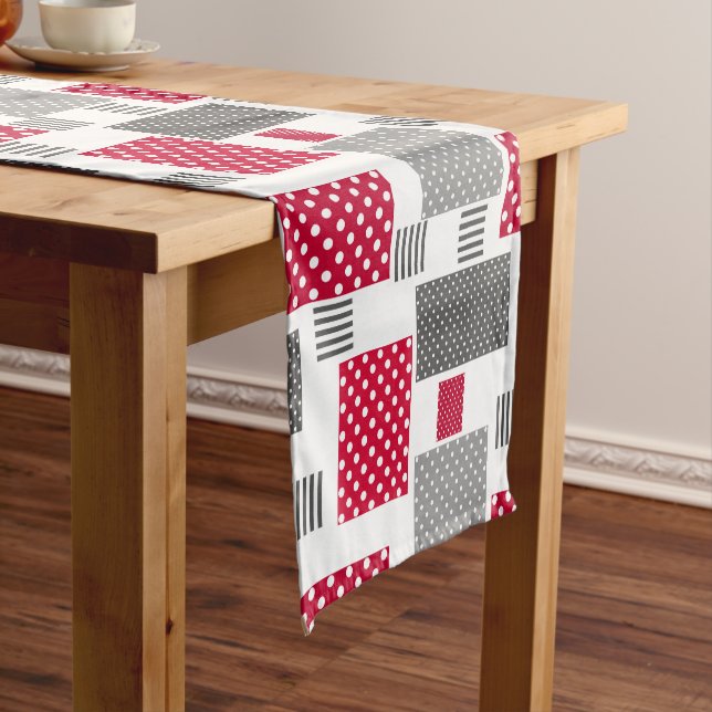 Grey red polka dot patchwork on white background short table runner (In Situ)