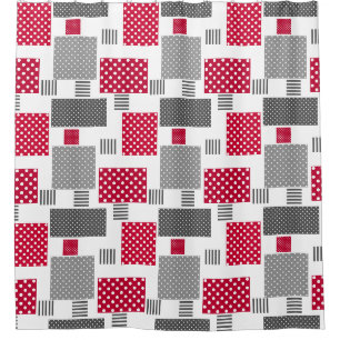 Grey red polka dot patchwork on white background shower curtain