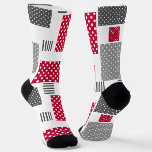 Grey red polka dot patchwork on white background socks