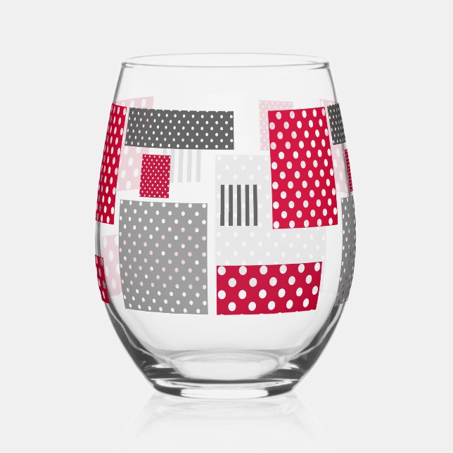 Grey red polka dot patchwork on white background stemless wine glass (Front)