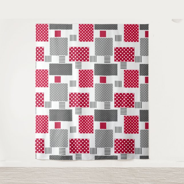 Grey red polka dot patchwork on white background tapestry (Front)