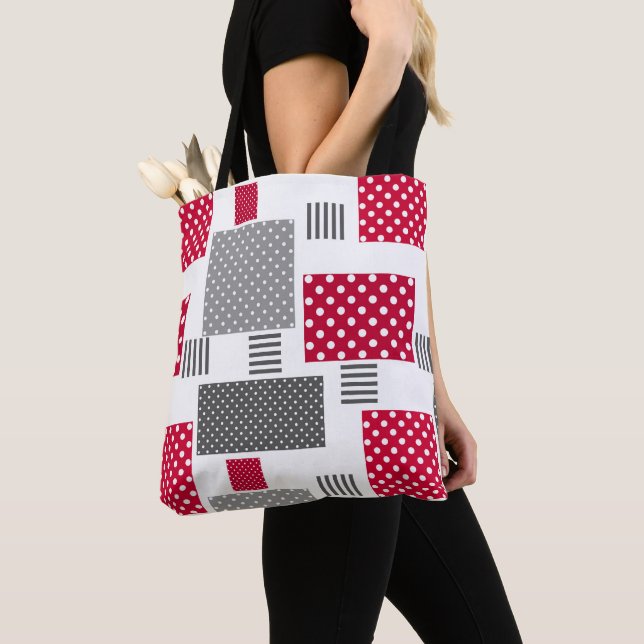 Grey red polka dot patchwork on white background tote bag (Close Up)