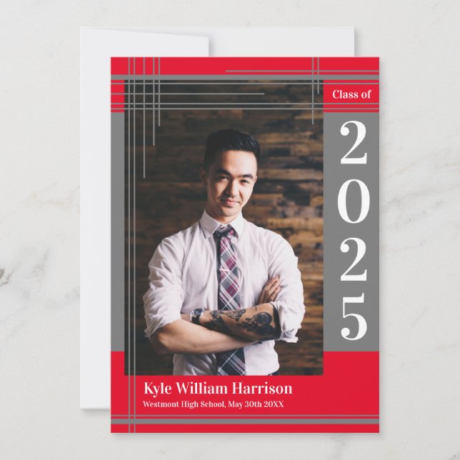 Grey Red School Colour Graduation Photo Plaid Invitation (Front)