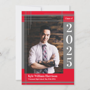 Grey Red School Colour Graduation Photo Plaid Invitation
