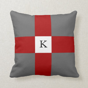 Grey Red White Cross Pattern & Custom Monogram Cushion