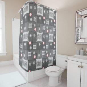 grey red white shower curtain