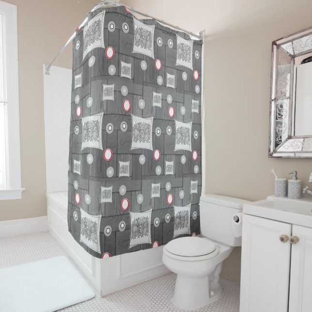 grey red white shower curtain (In Situ)