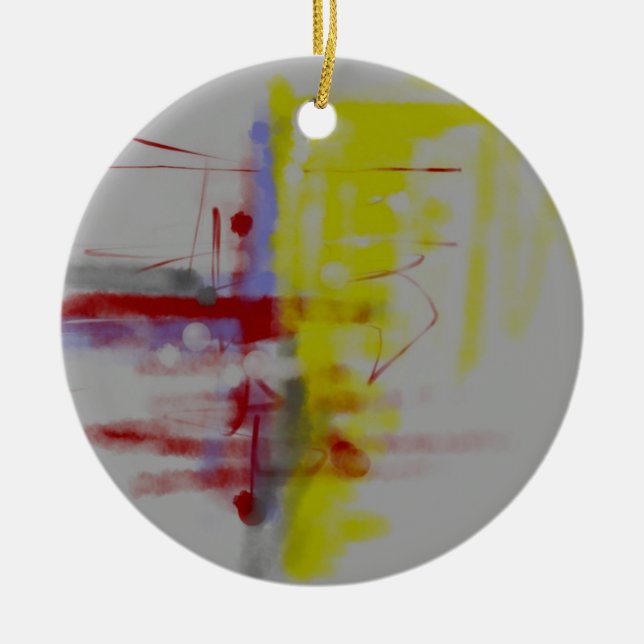 Grey Red Yellow Abstract Expressionist Ceramic Tree Decoration (Front)