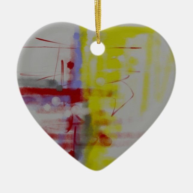 Grey Red Yellow Abstract Expressionist Ceramic Tree Decoration (Front)