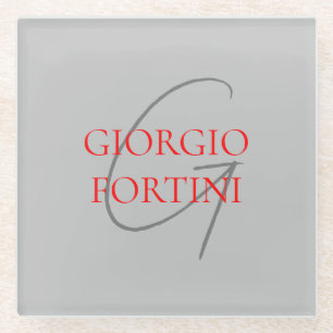 Grey Red Your Name Initial Monogram Modern Glass Coaster