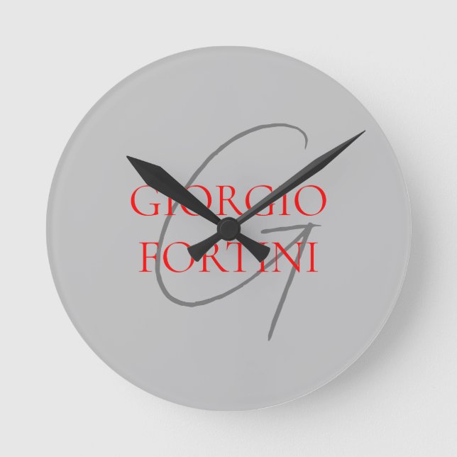 Grey Red Your Name Initial Monogram Modern Round Clock (Front)