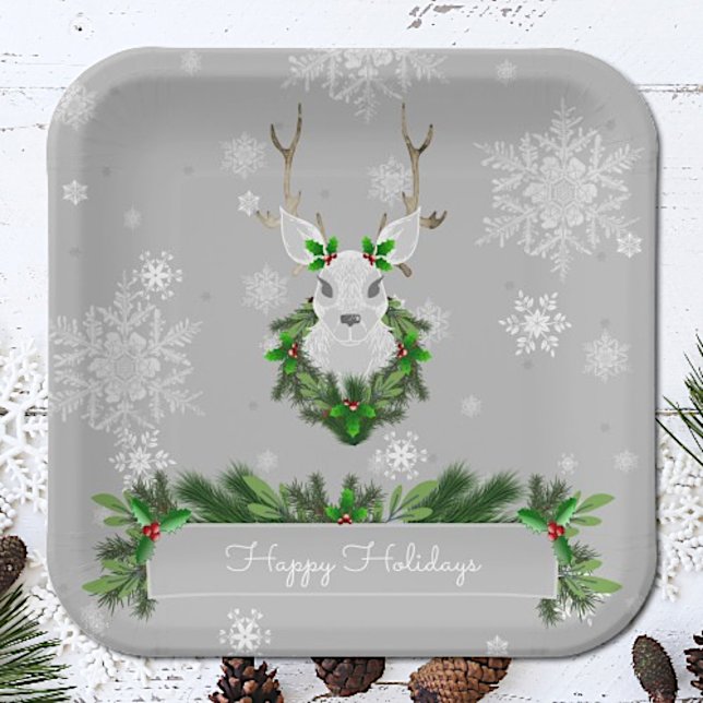 Grey Reindeer Paper Plate (Gray Reindeer Christmas Paper Plates)