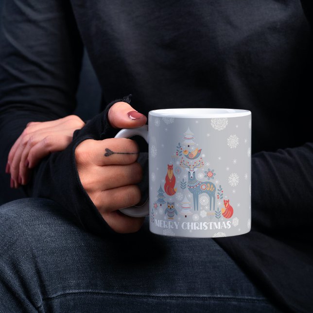 Grey Reindeer Scandinavian Snowflake Tree Animal Coffee Mug (Creator Uploaded)