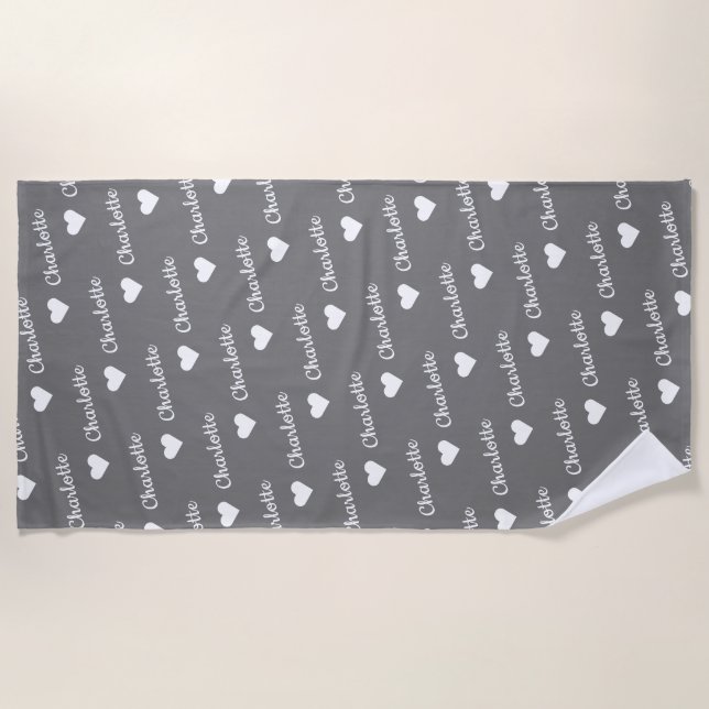 Grey Repeating Name Script Heart Pool Beach Towel (Front)
