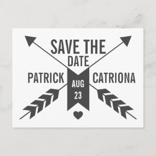 GREY RETRO ARROWS AND HEART SAVE THE DATE POSTCARD