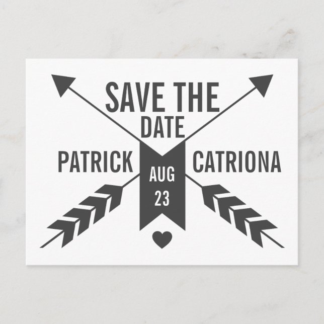 GREY RETRO ARROWS AND HEART SAVE THE DATE POSTCARD (Front)