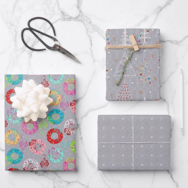 Grey Retro Christmas Wrapping Paper Sheet (Front)