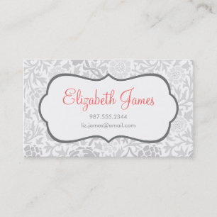 Grey Retro Floral Damask Business Card