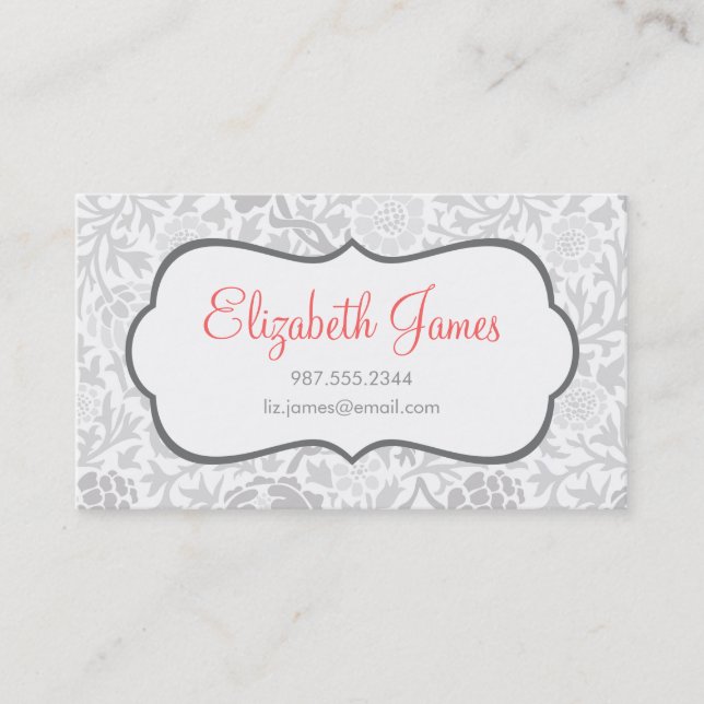 Grey Retro Floral Damask Business Card (Front)