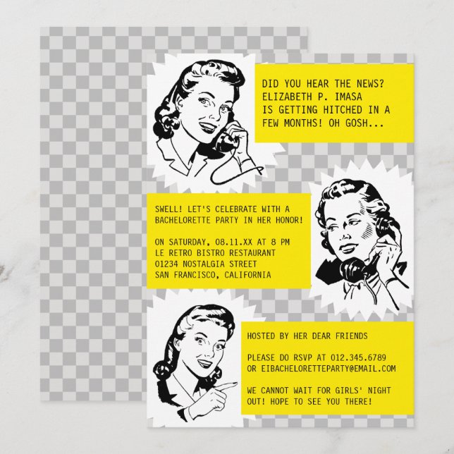 Grey Retro Gossip Gals Bachelorette Party Invites (Front/Back)